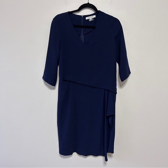 Gerard Darel Women's Size 40(8) Blue Asymmetrical Sheath Dress V-neck 3/4 Sleeve - Picture 1 of 13